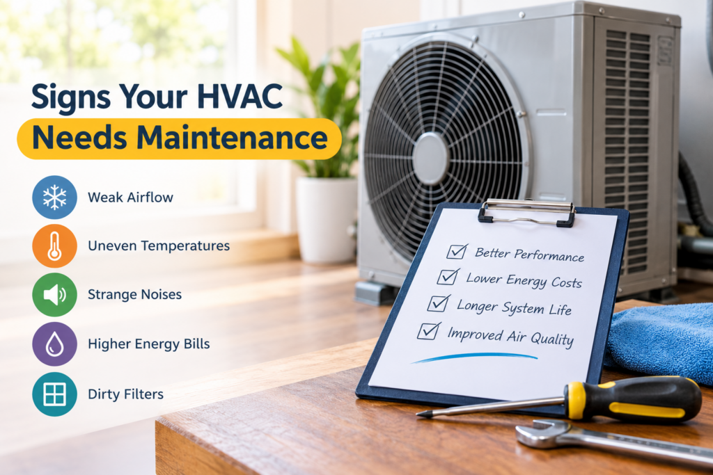 Signs HVAC needs maintenance checklist with outdoor unit and warning indicators.