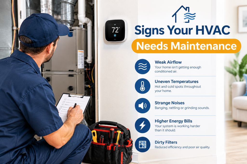 Signs HVAC needs maintenance shown as technician inspects furnace beside infographic.