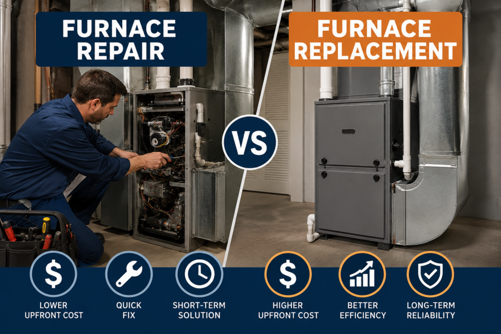 A comparison graphic illustrating furnace repair vs replacement, showing a technician repairing a furnace on one side and a new furnace installation on the other, with icons detailing cost, efficiency, and reliability.